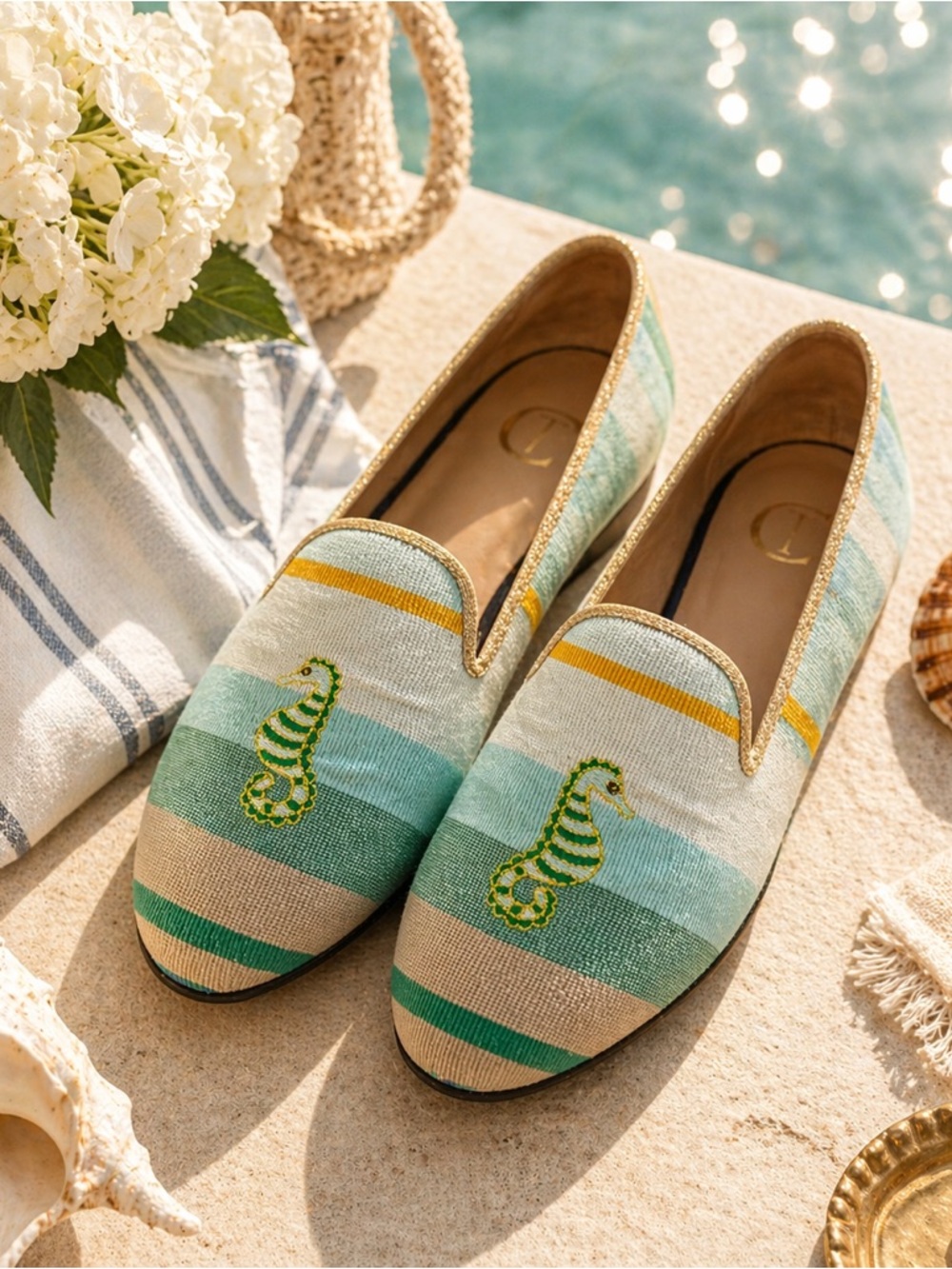 Coastal Old Money Seahorse Venetian Smoking Slippers Preppy Resort Loafers 8.5